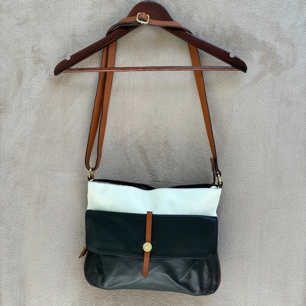 Danier Crossbody Bag Black, Tan & Cream Real Leather Timeless Vintage Neutral